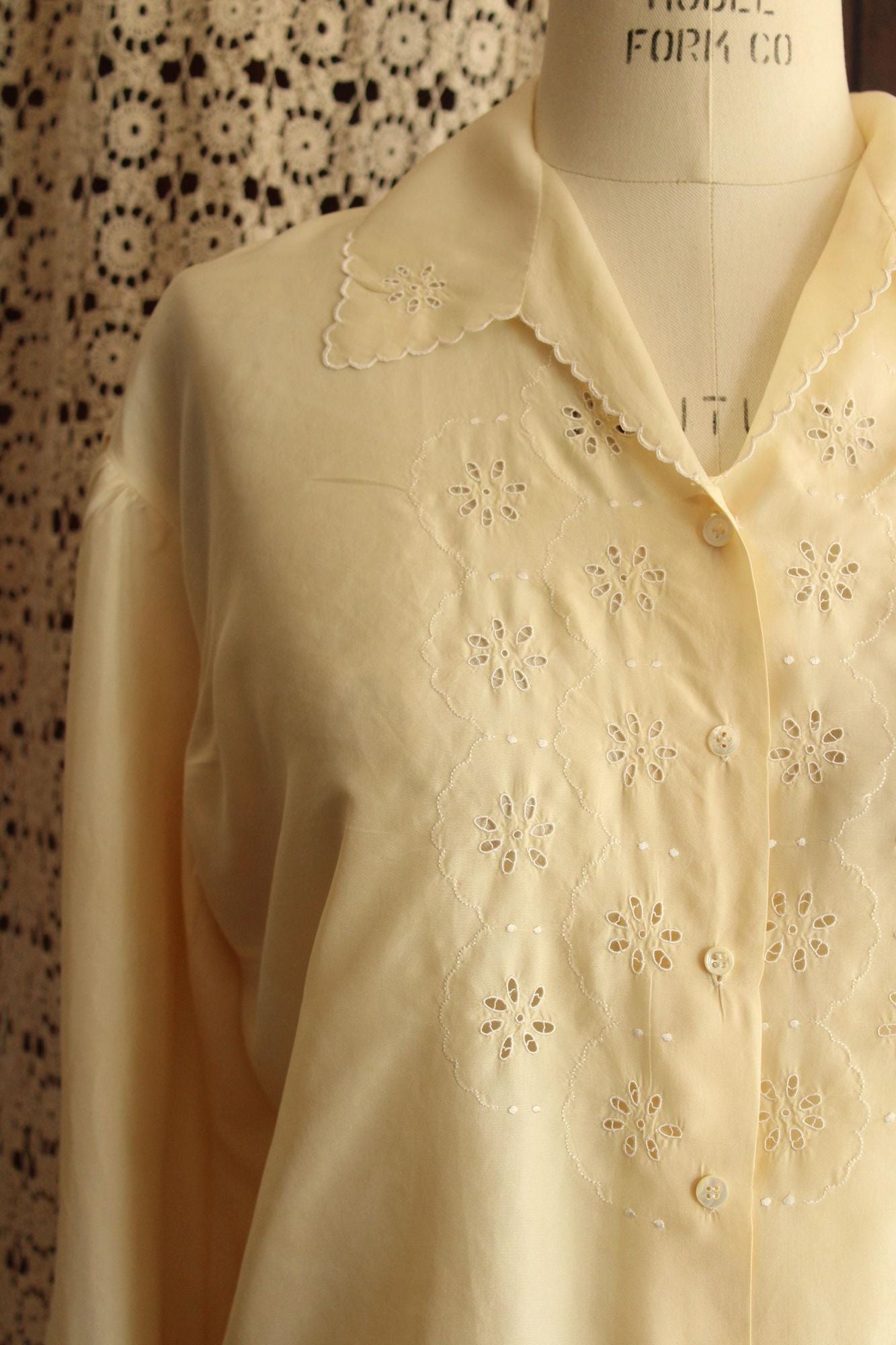 Vintage 1930s Yellow Silk Blouse with White Eyelet Embroidery