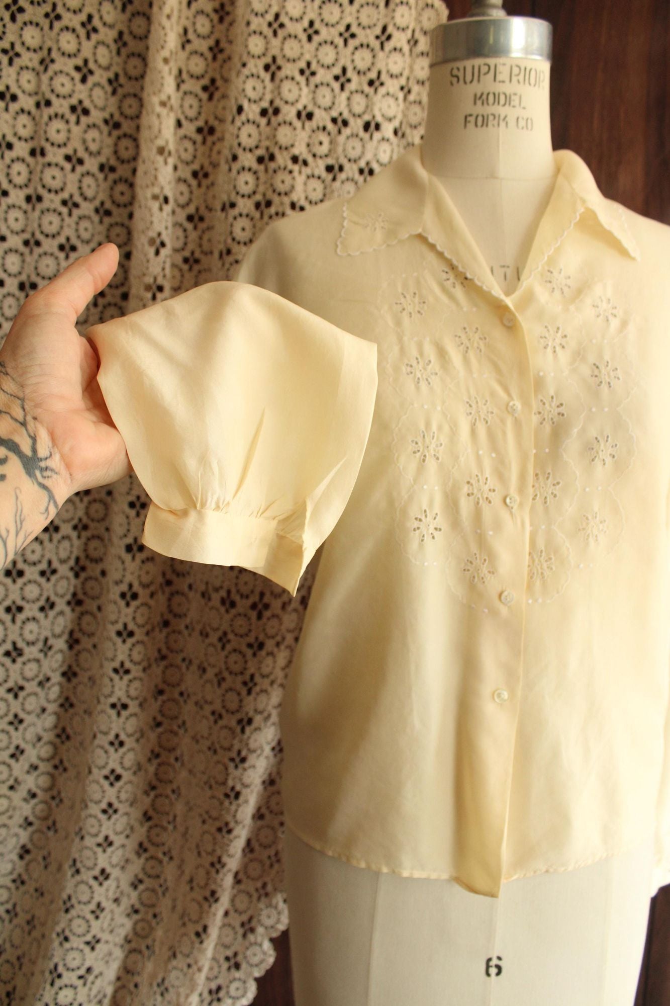 Vintage 1930s Yellow Silk Blouse with White Eyelet Embroidery