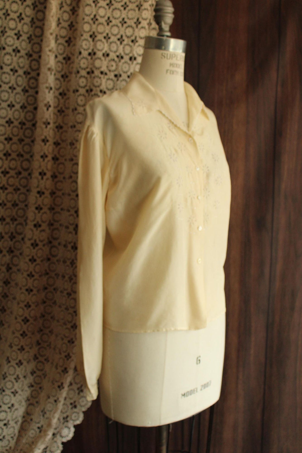 Vintage 1930s Yellow Silk Blouse with White Eyelet Embroidery
