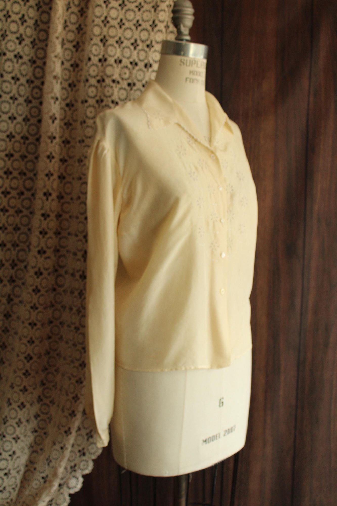 Vintage 1930s Yellow Silk Blouse with White Eyelet Embroidery