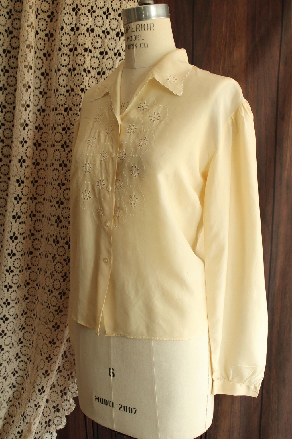 Vintage 1930s Yellow Silk Blouse with White Eyelet Embroidery