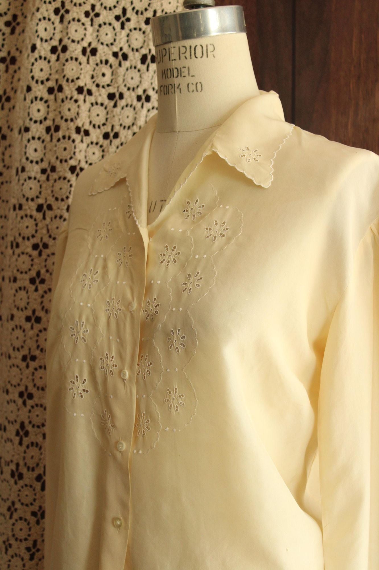 Vintage 1930s Yellow Silk Blouse with White Eyelet Embroidery