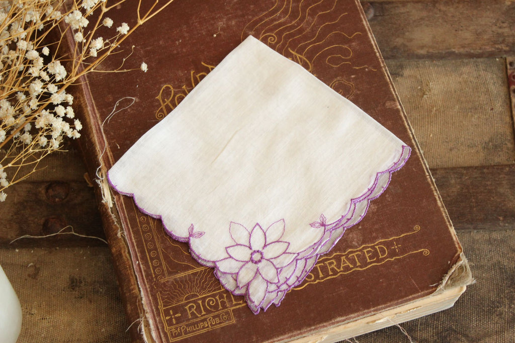 Vintage 1950s Purple Flower Embroidery on White Cotton Hanky