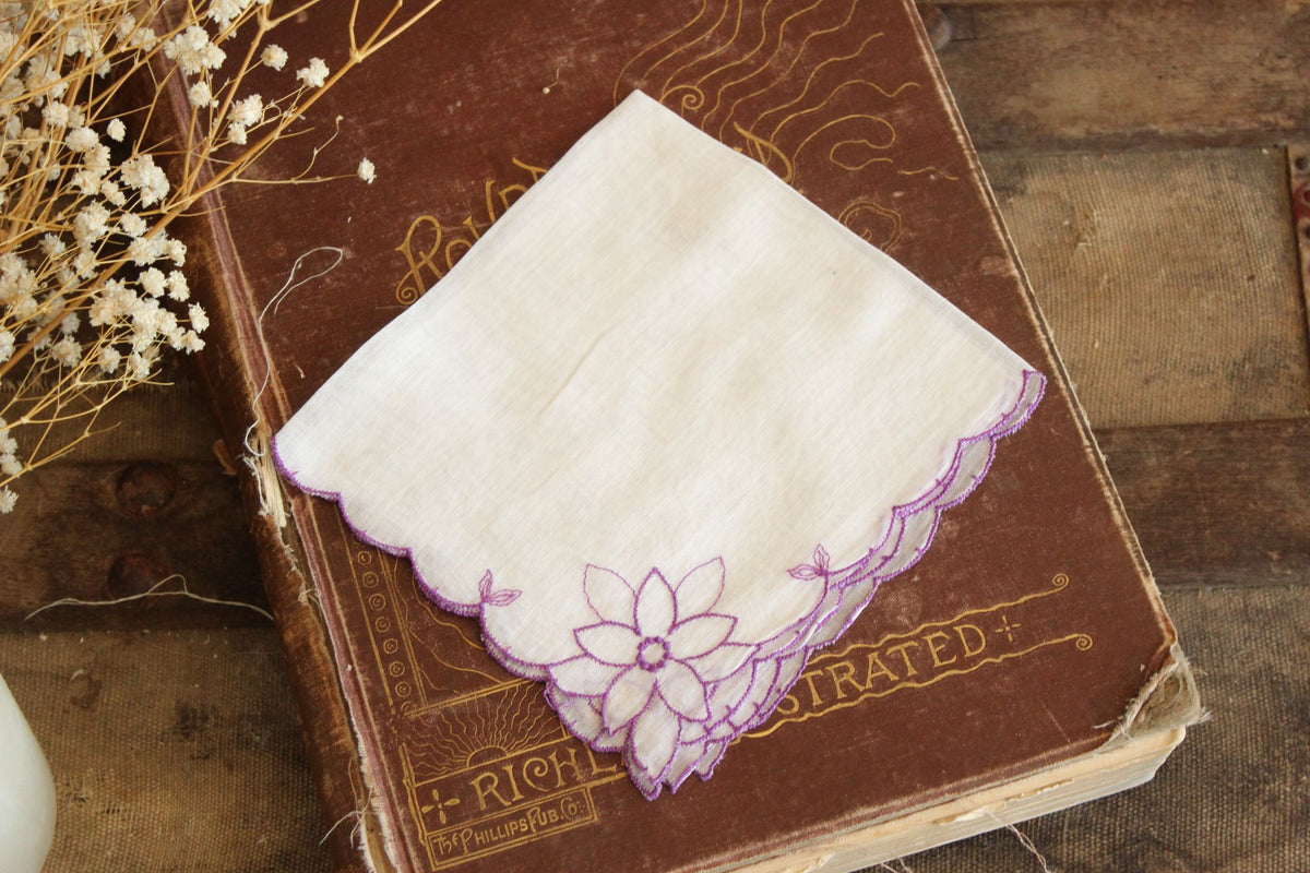 Vintage 1950s Purple Flower Embroidery on White Cotton Hanky