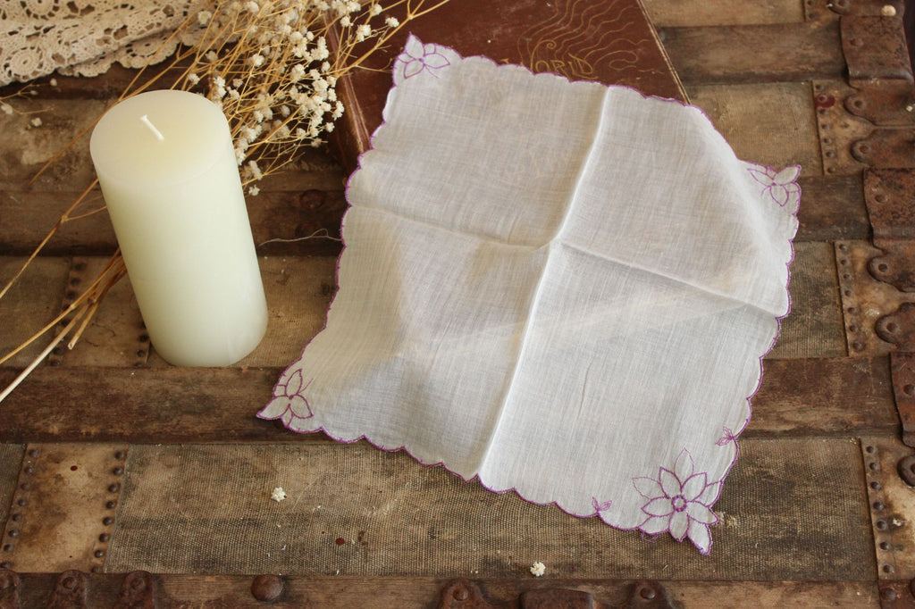 Vintage 1950s Purple Flower Embroidery on White Cotton Hanky