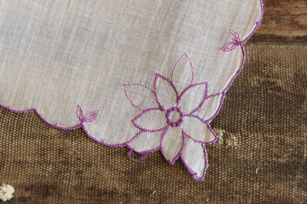 Vintage 1950s Purple Flower Embroidery on White Cotton Hanky