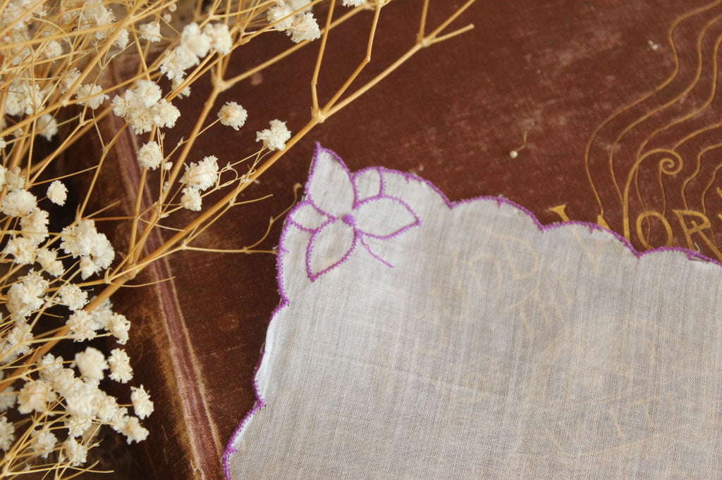 Vintage 1950s Purple Flower Embroidery on White Cotton Hanky