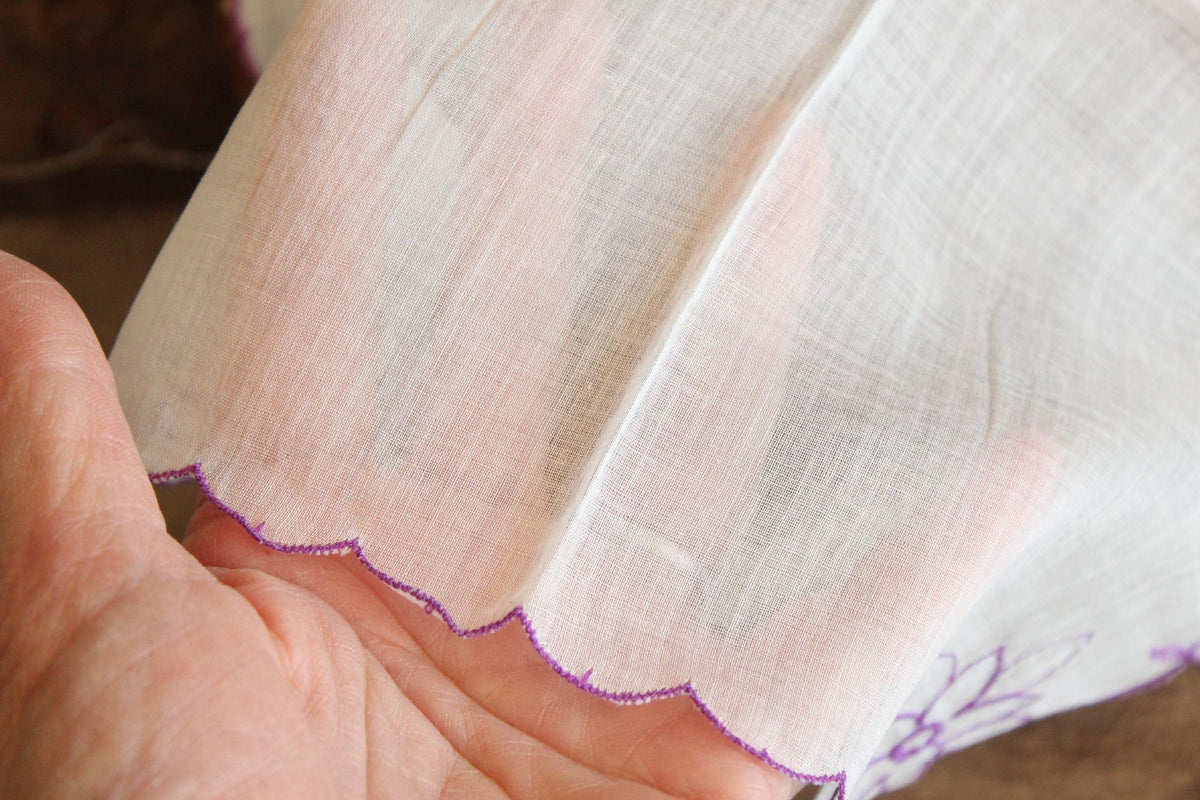 Vintage 1950s Purple Flower Embroidery on White Cotton Hanky