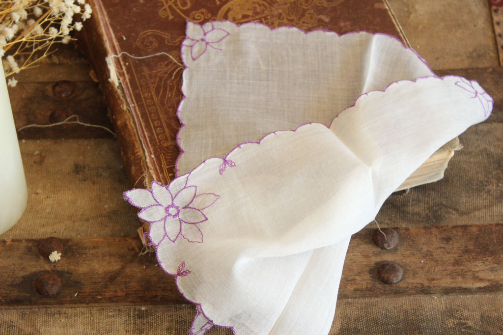 Vintage 1950s Purple Flower Embroidery on White Cotton Hanky