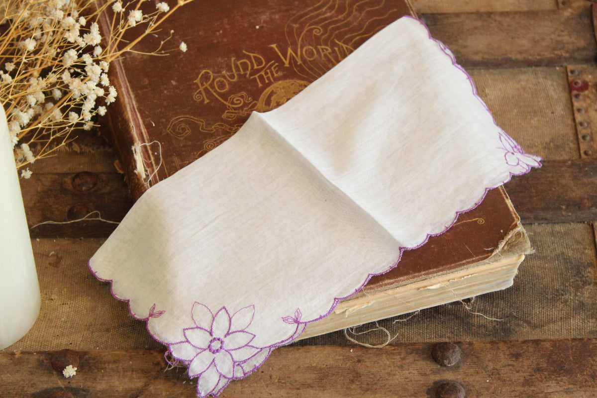 Vintage 1950s Purple Flower Embroidery on White Cotton Hanky
