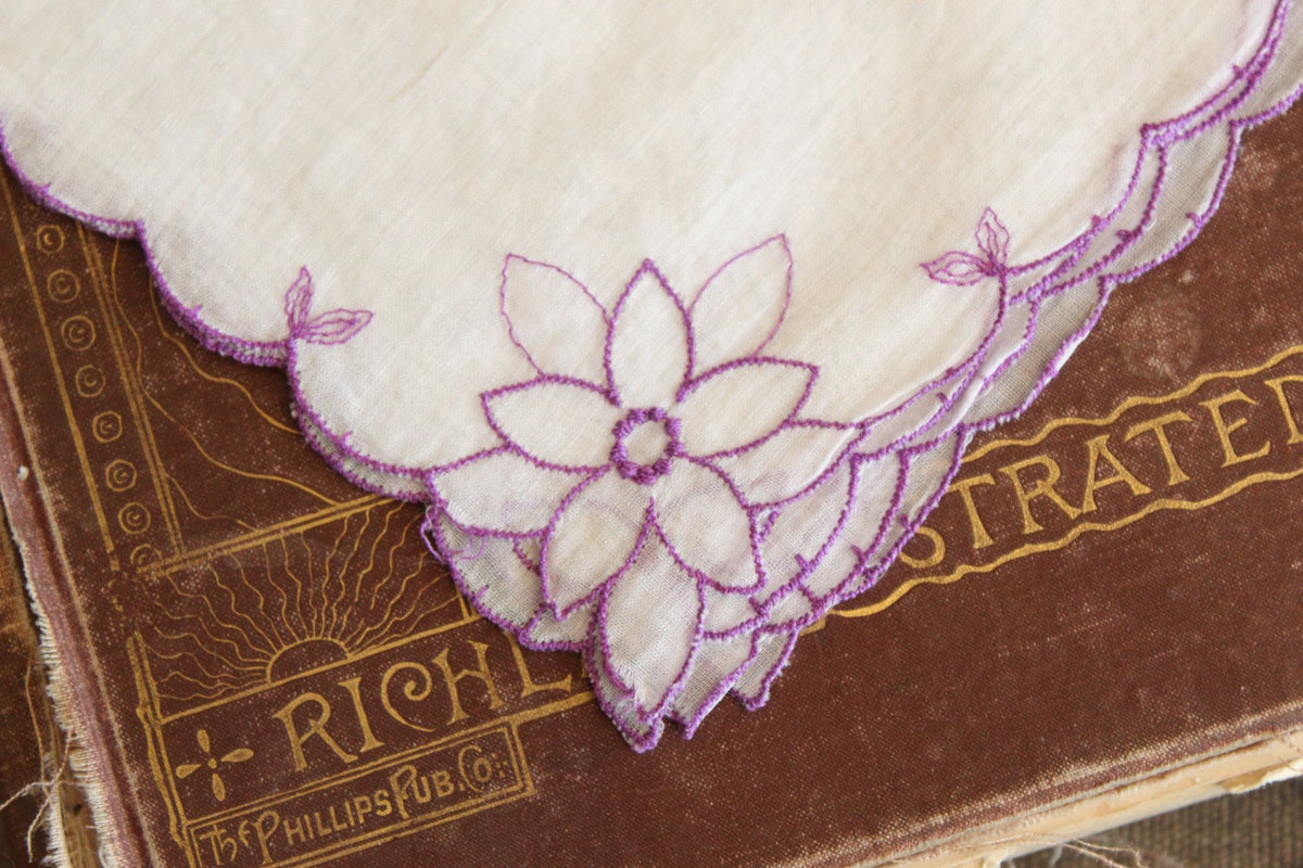 Vintage 1950s Purple Flower Embroidery on White Cotton Hanky