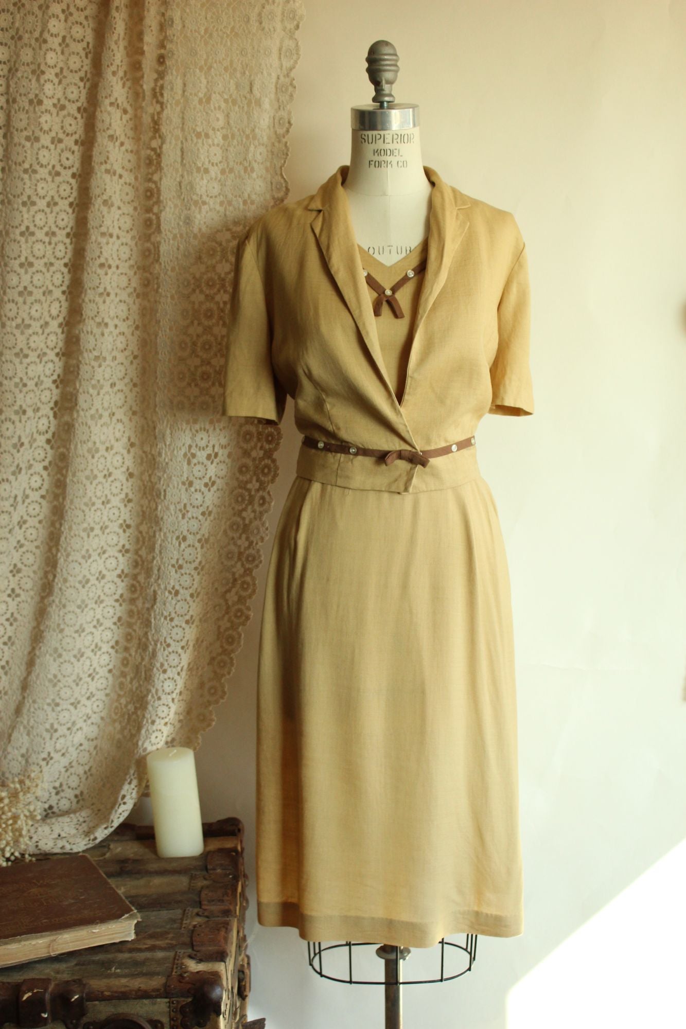 Vintage 1950s Gold Lampl Dress With Jacket and Belt