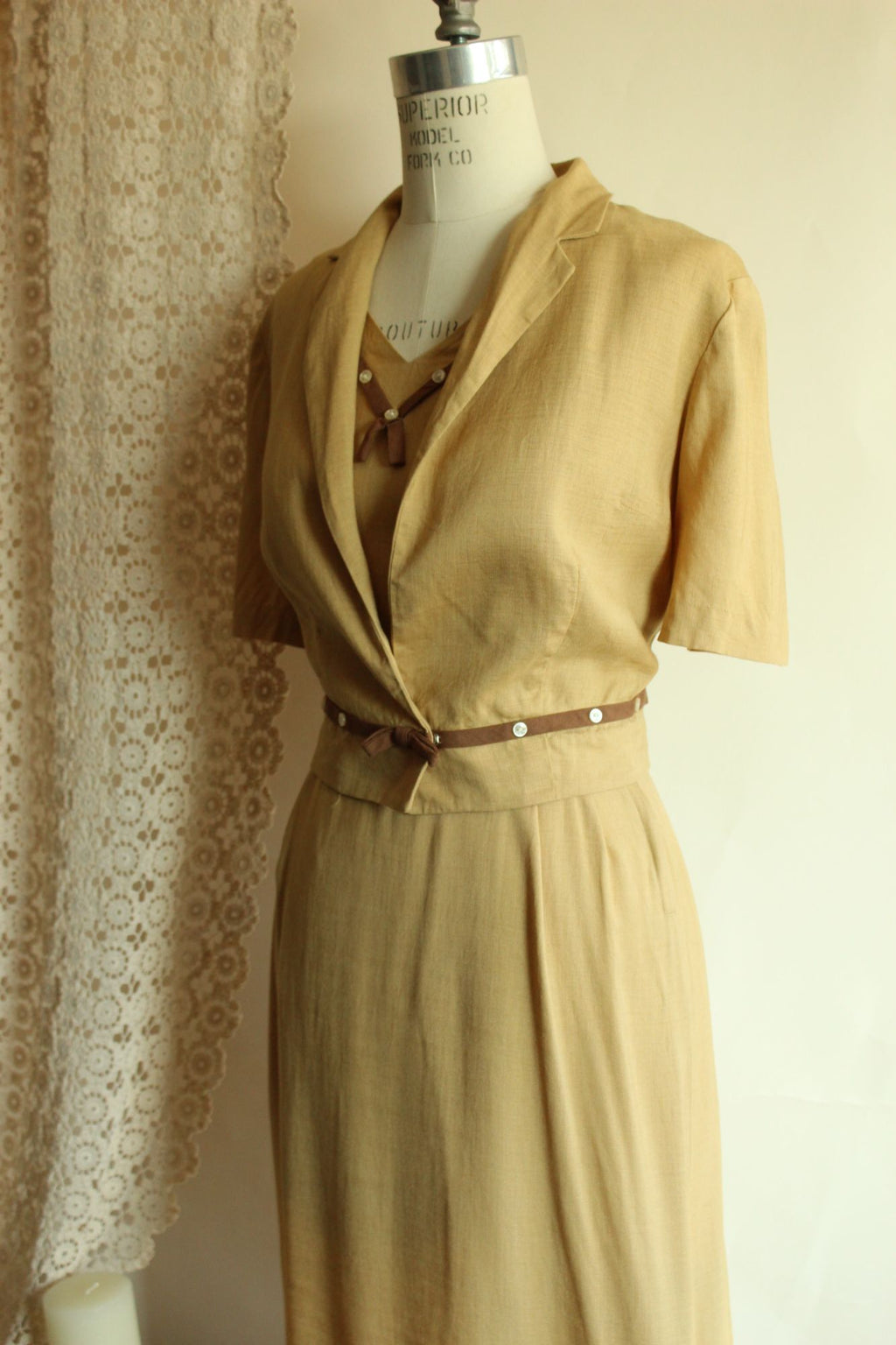 Vintage 1950s Gold Lampl Dress With Jacket and Belt
