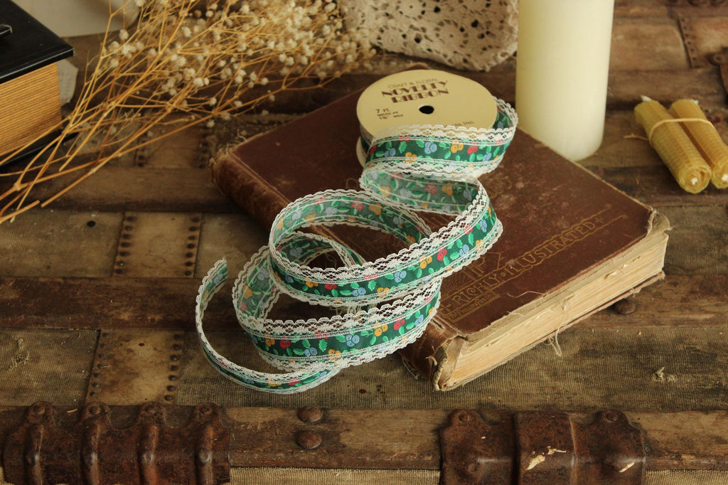 Vintage 1970s Floral and Lace Ribbon, United Cut Products, 1 3/8" Wide, 7 Feet NOS