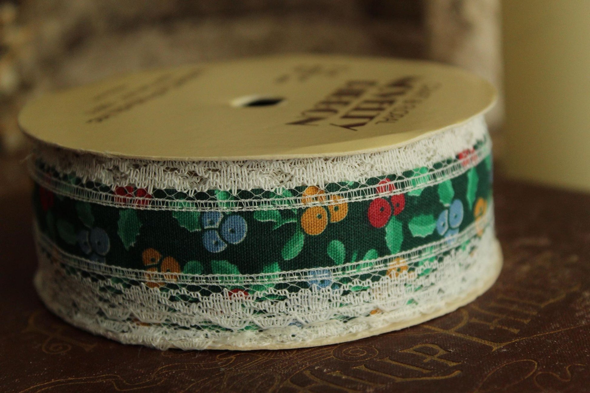 Vintage 1970s Floral and Lace Ribbon, United Cut Products, 1 3/8" Wide, 7 Feet NOS