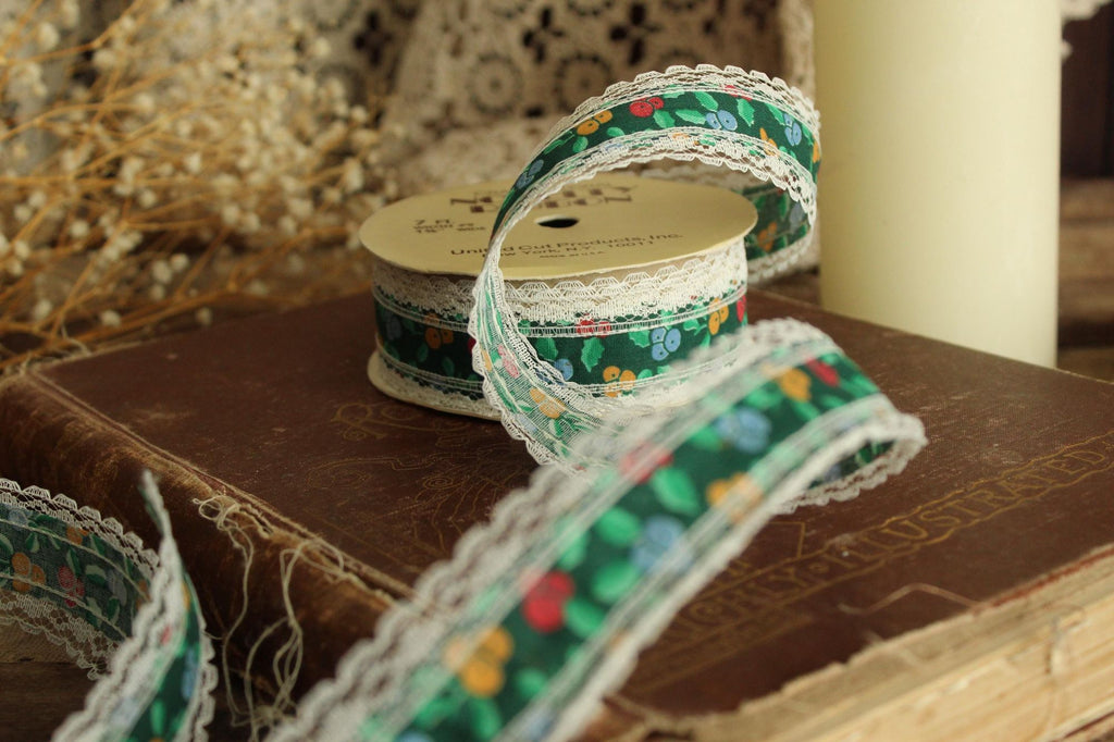 Vintage 1970s Floral and Lace Ribbon, United Cut Products, 1 3/8" Wide, 7 Feet NOS