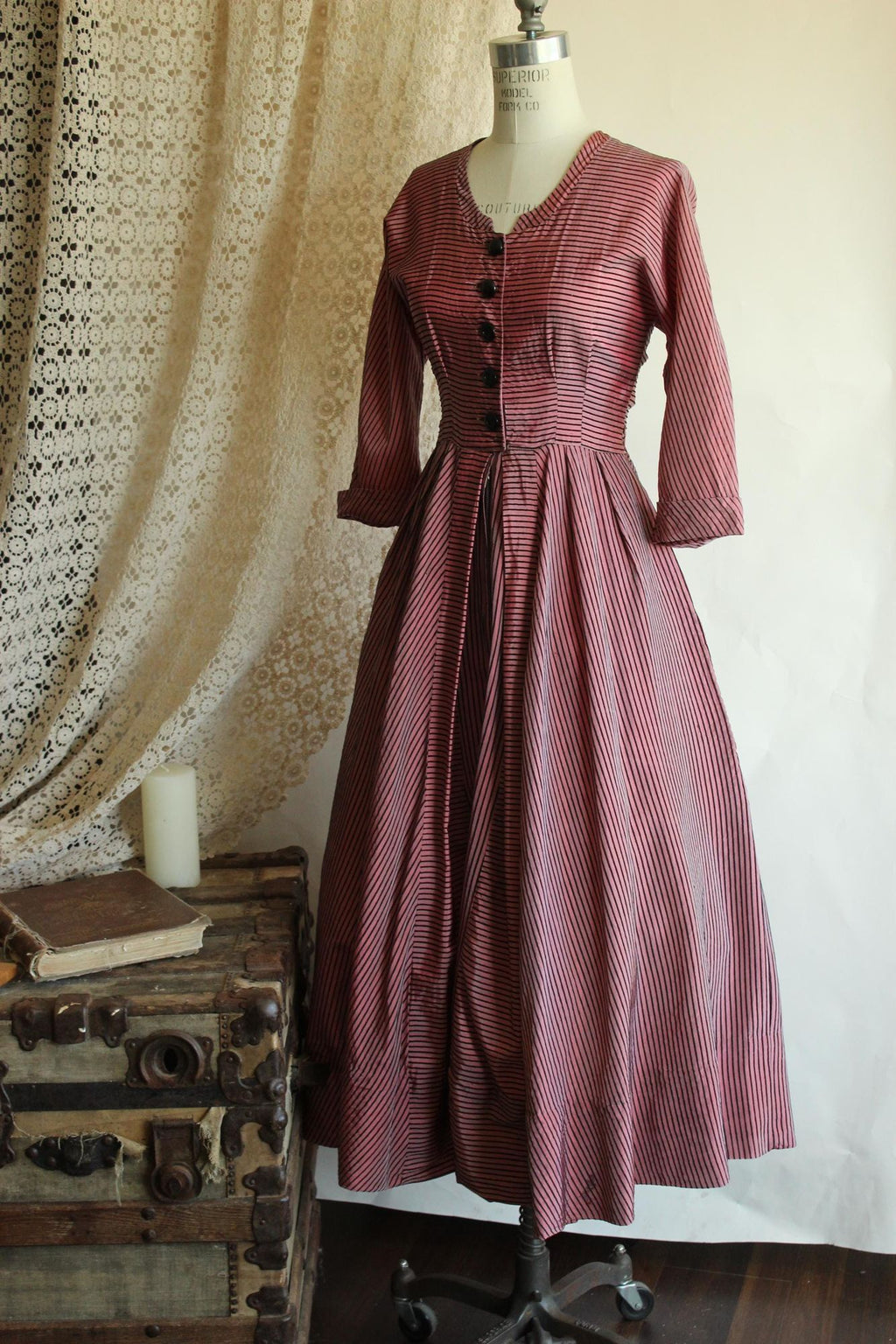 Vintage 1940s Dolly Myers Inc Pink and Black Striped Silk New Look Dress