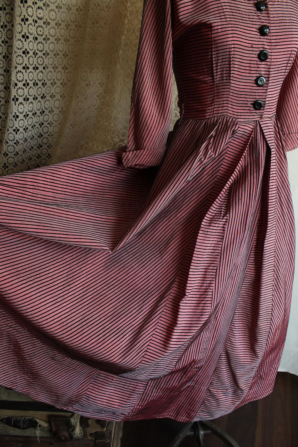 Vintage 1940s Dolly Myers Inc Pink and Black Striped Silk New Look Dress