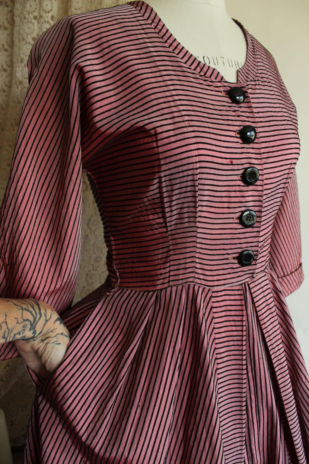 Vintage 1940s Dolly Myers Inc Pink and Black Striped Silk New Look Dress