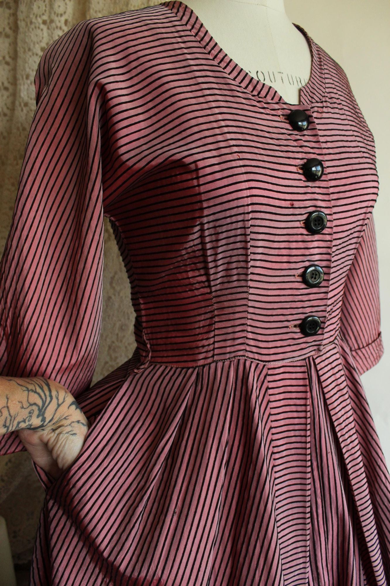 Vintage 1940s Dolly Myers Inc Pink and Black Striped Silk New Look Dress