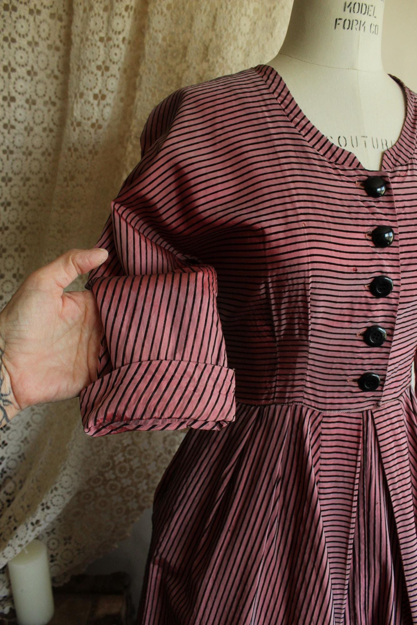 Vintage 1940s Dolly Myers Inc Pink and Black Striped Silk New Look Dress