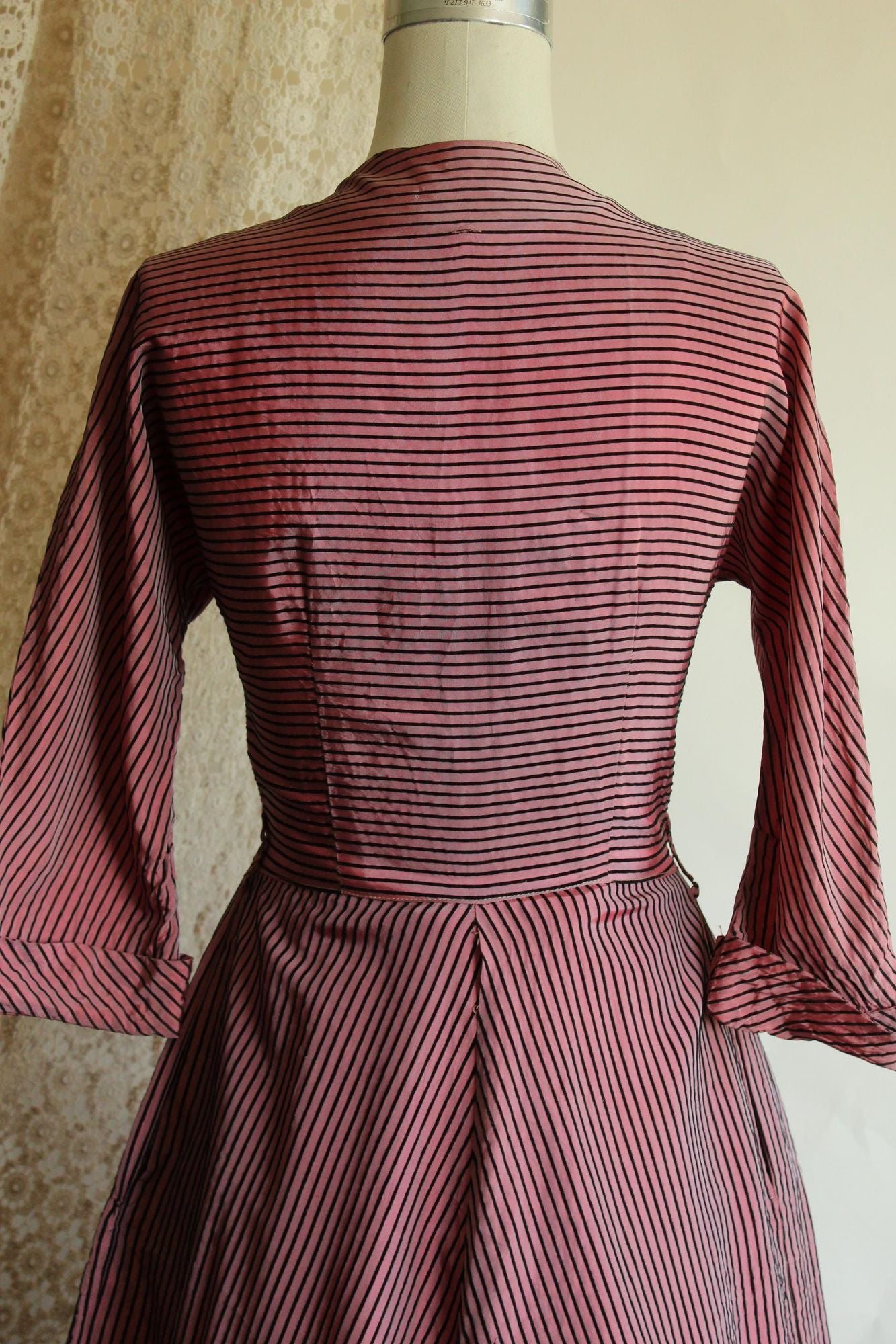 Vintage 1940s Dolly Myers Inc Pink and Black Striped Silk New Look Dress