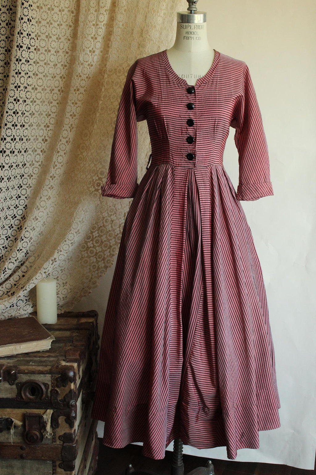 Vintage 1940s Dolly Myers Inc Pink and Black Striped Silk New Look Dress