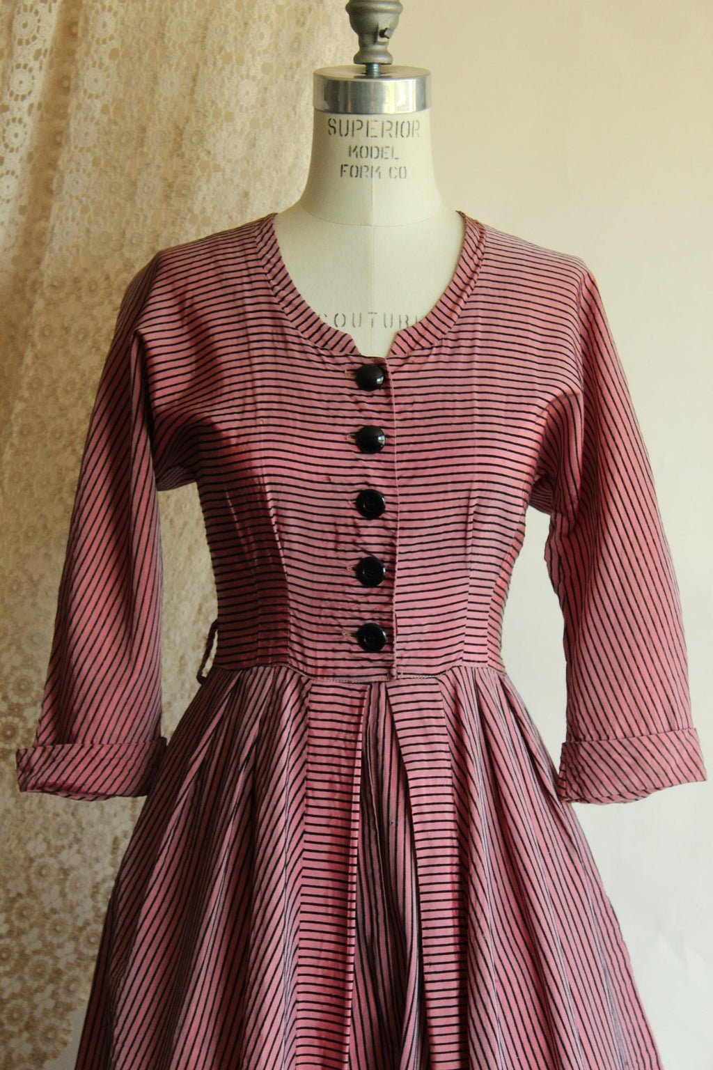 Vintage 1940s Dolly Myers Inc Pink and Black Striped Silk New Look Dress