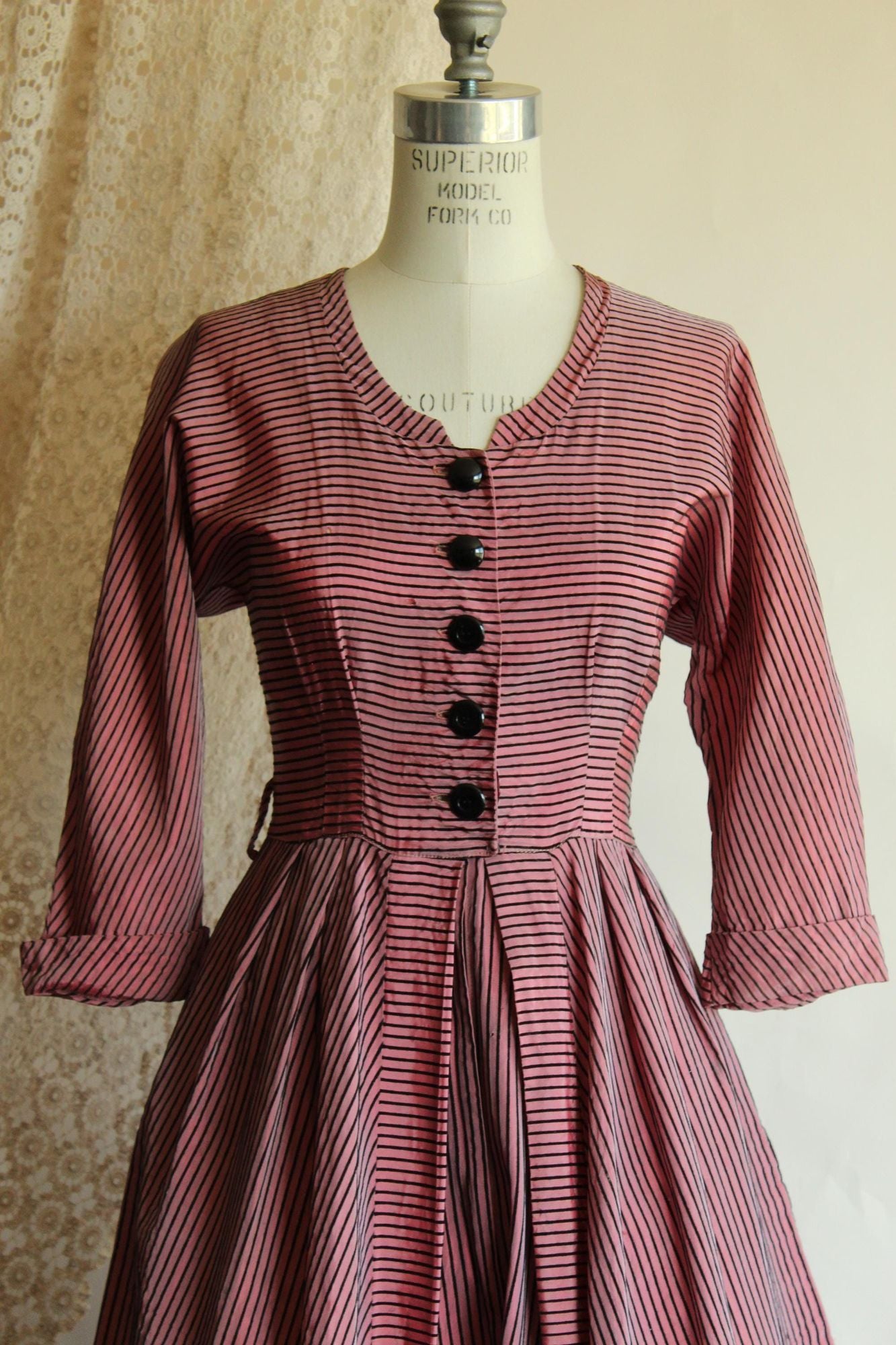 Vintage 1940s Dolly Myers Inc Pink and Black Striped Silk New Look Dress