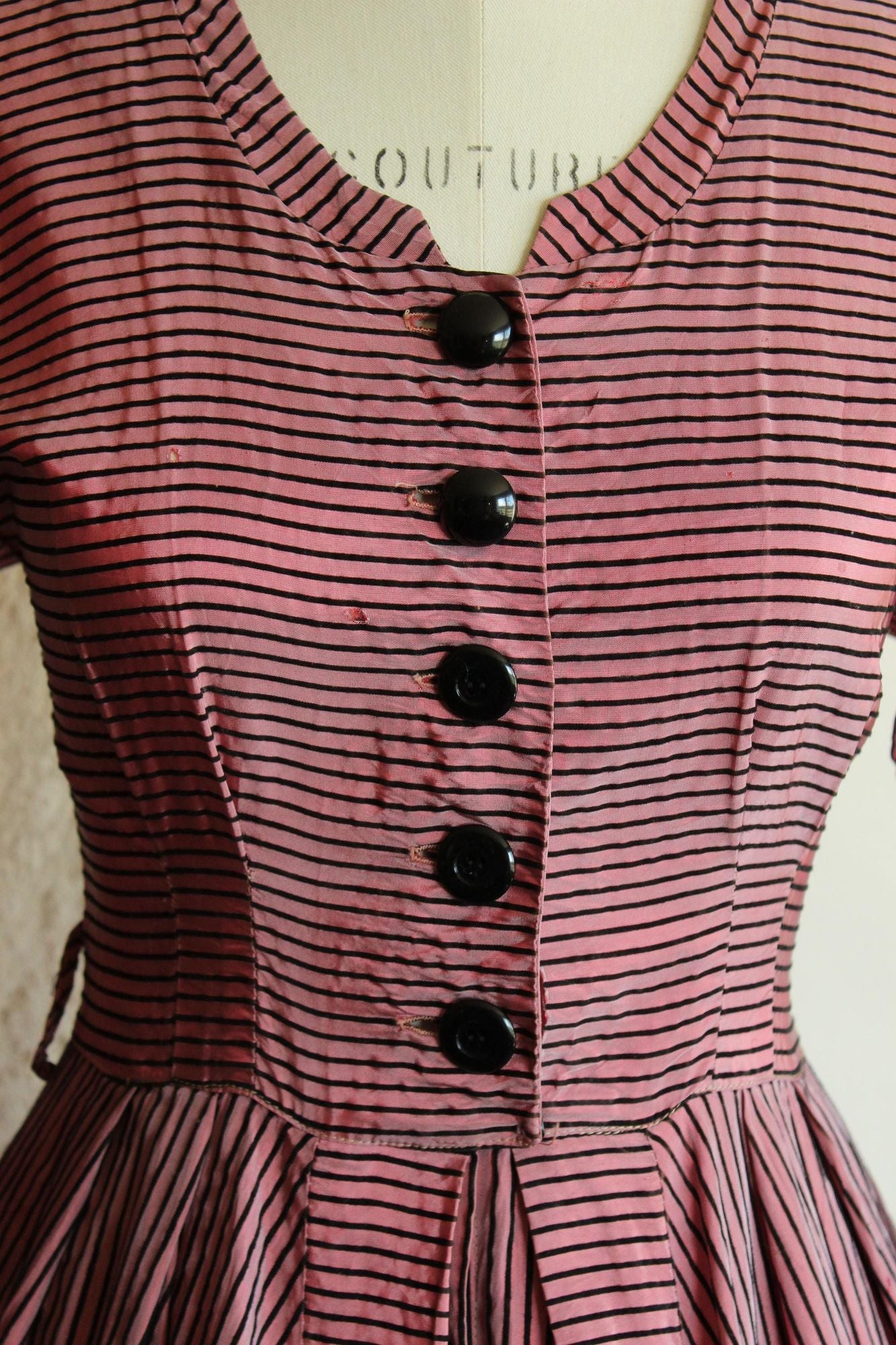 Vintage 1940s Dolly Myers Inc Pink and Black Striped Silk New Look Dress