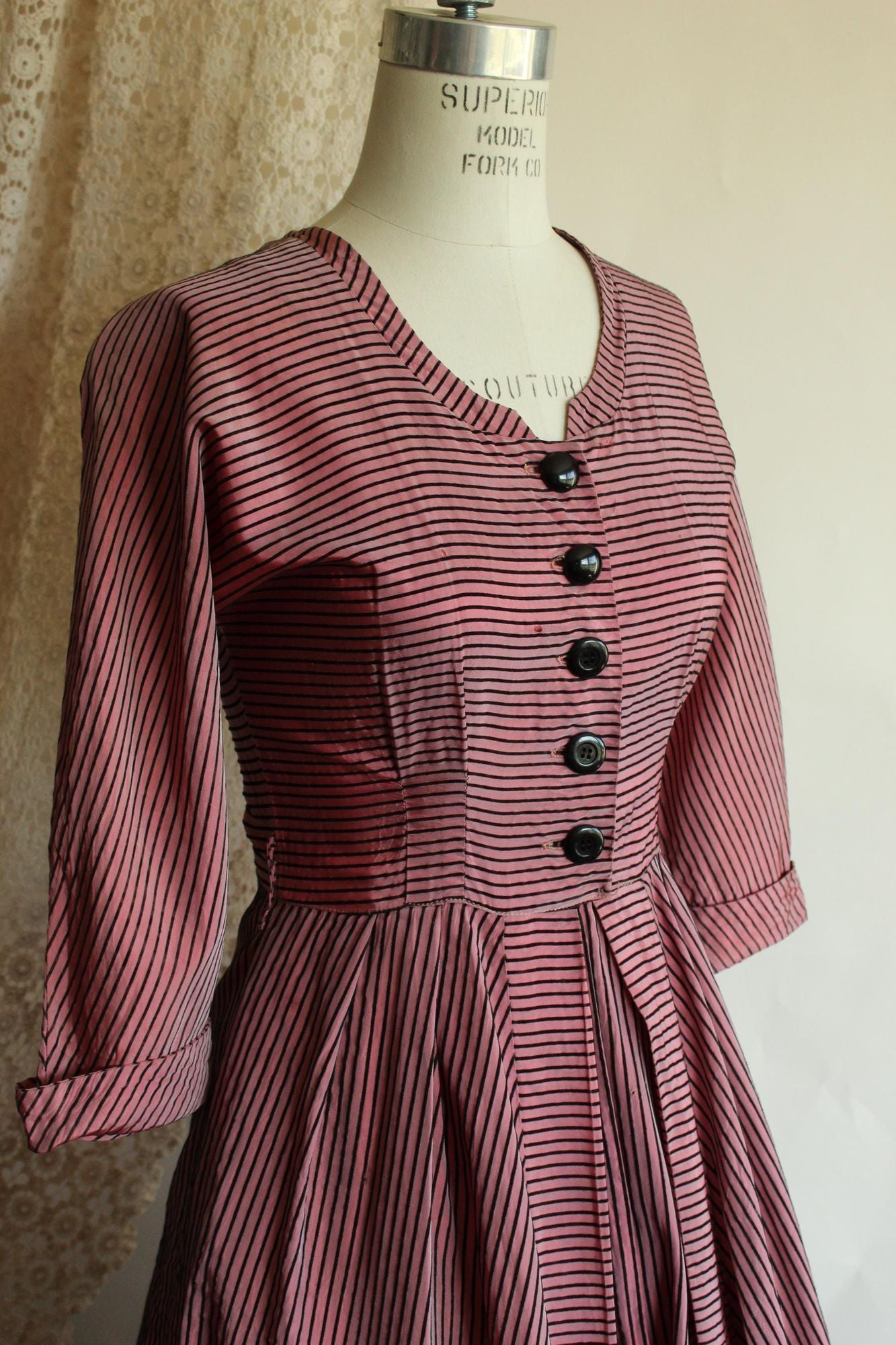 Vintage 1940s Dolly Myers Inc Pink and Black Striped Silk New Look Dress