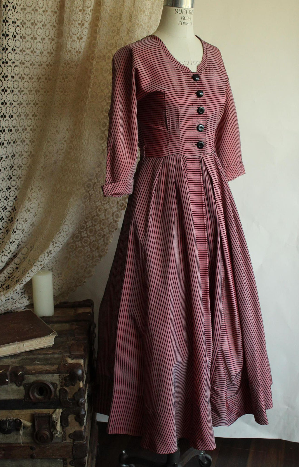 Vintage 1940s Dolly Myers Inc Pink and Black Striped Silk New Look Dress