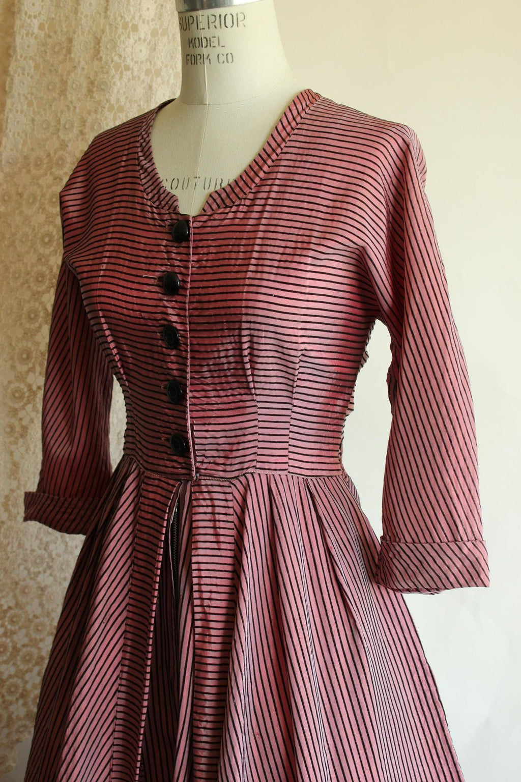 Vintage 1940s Dolly Myers Inc Pink and Black Striped Silk New Look Dress