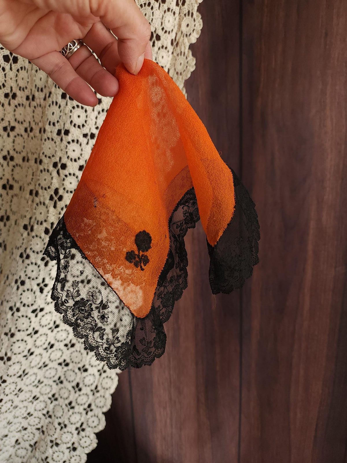Vintage 1930s 1940s Orange Chiffon Handkerchief with Black Chantilly Lace Trim
