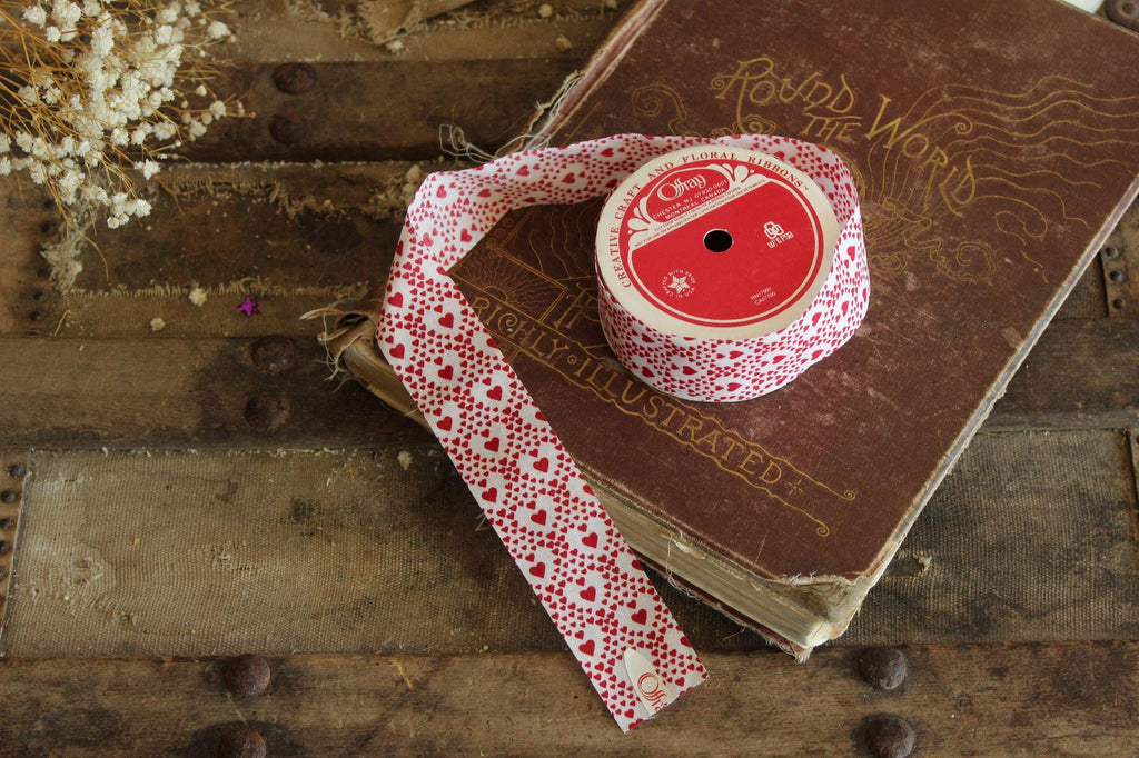 Vintage 1980s 1990s Offray Heart Ribbon Trim, 1 .5 Inch Wide 47" long