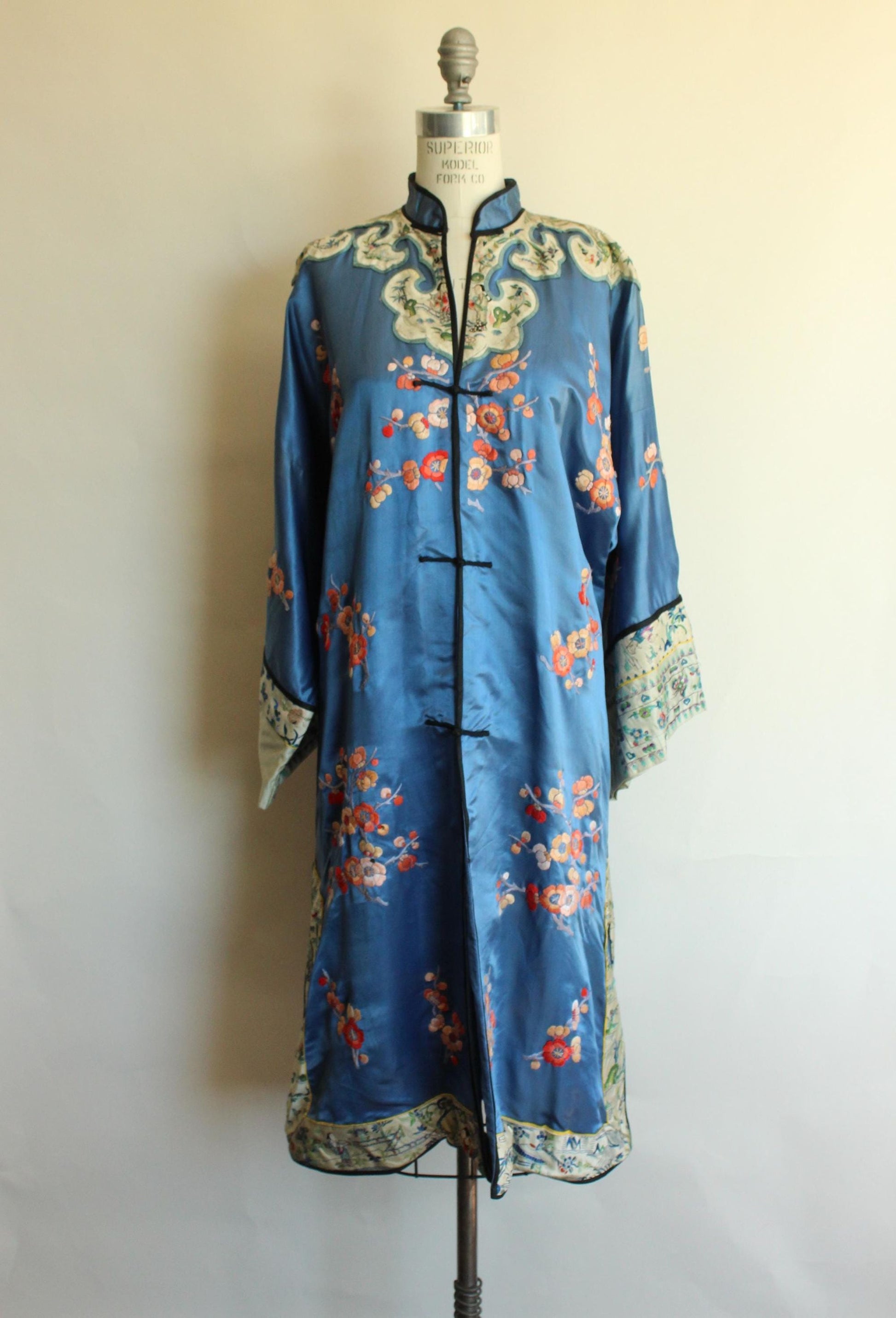 Vintage 1920s Antique Blue Silk Chinese Robe  Embroidered Peony Blossoms, Pagodas, Butterflies, Cranes