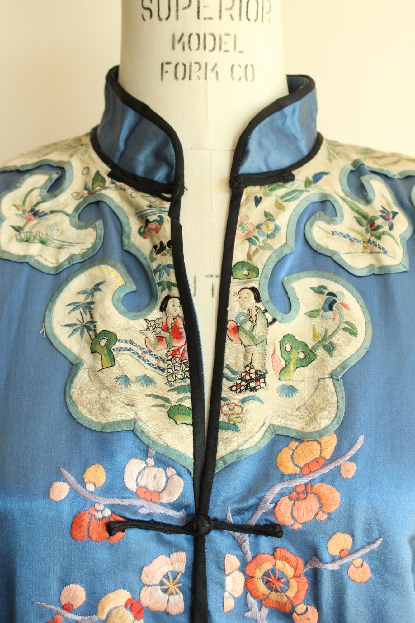Vintage 1920s Antique Blue Silk Chinese Robe  Embroidered Peony Blossoms, Pagodas, Butterflies, Cranes