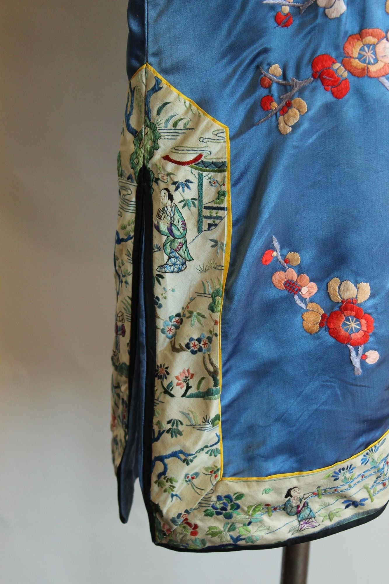 Vintage 1920s Antique Blue Silk Chinese Robe  Embroidered Peony Blossoms, Pagodas, Butterflies, Cranes