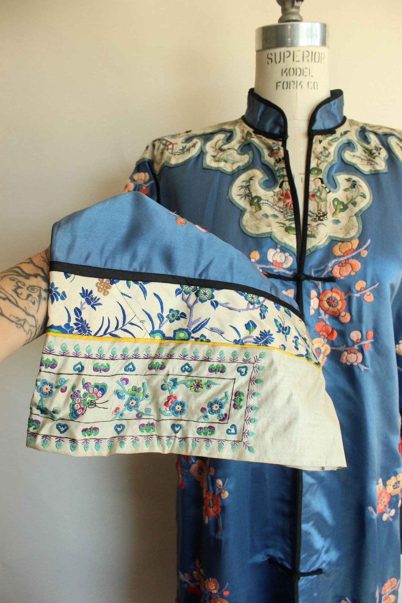 Vintage 1920s Antique Blue Silk Chinese Robe  Embroidered Peony Blossoms, Pagodas, Butterflies, Cranes