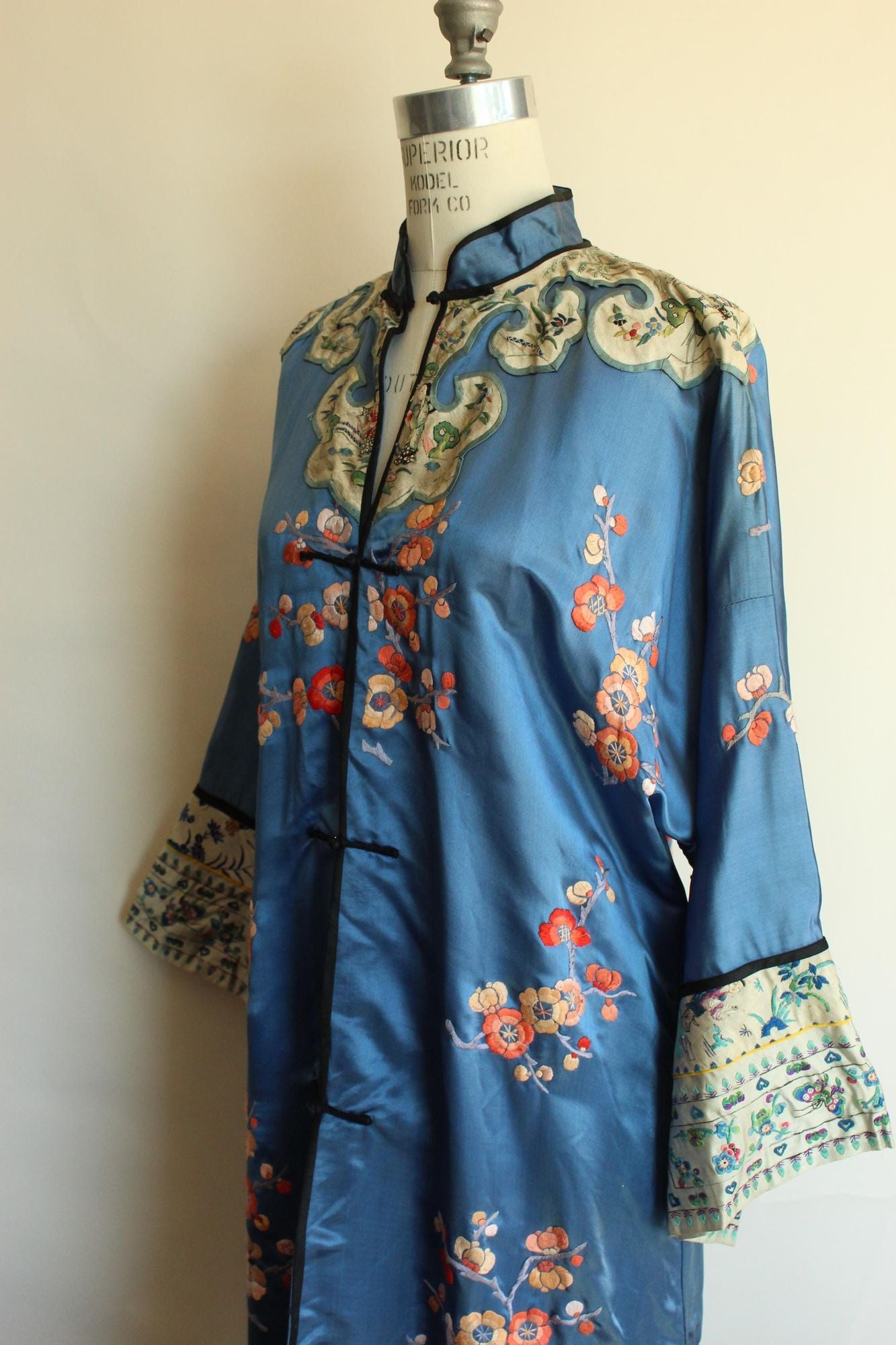 Vintage 1920s Antique Blue Silk Chinese Robe  Embroidered Peony Blossoms, Pagodas, Butterflies, Cranes