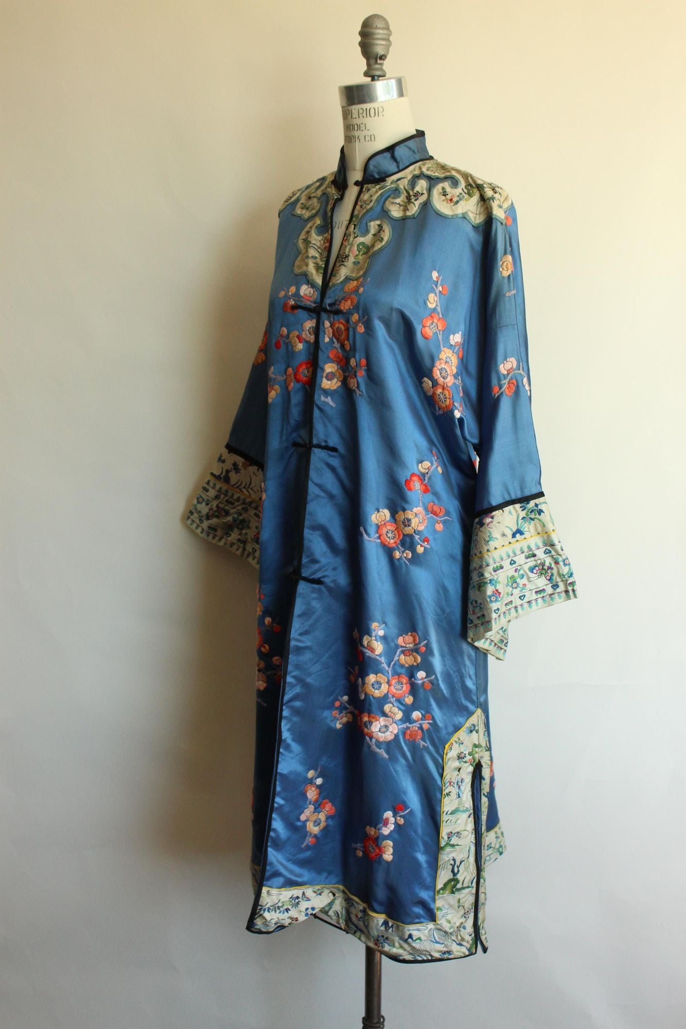 Vintage 1920s Antique Blue Silk Chinese Robe  Embroidered Peony Blossoms, Pagodas, Butterflies, Cranes