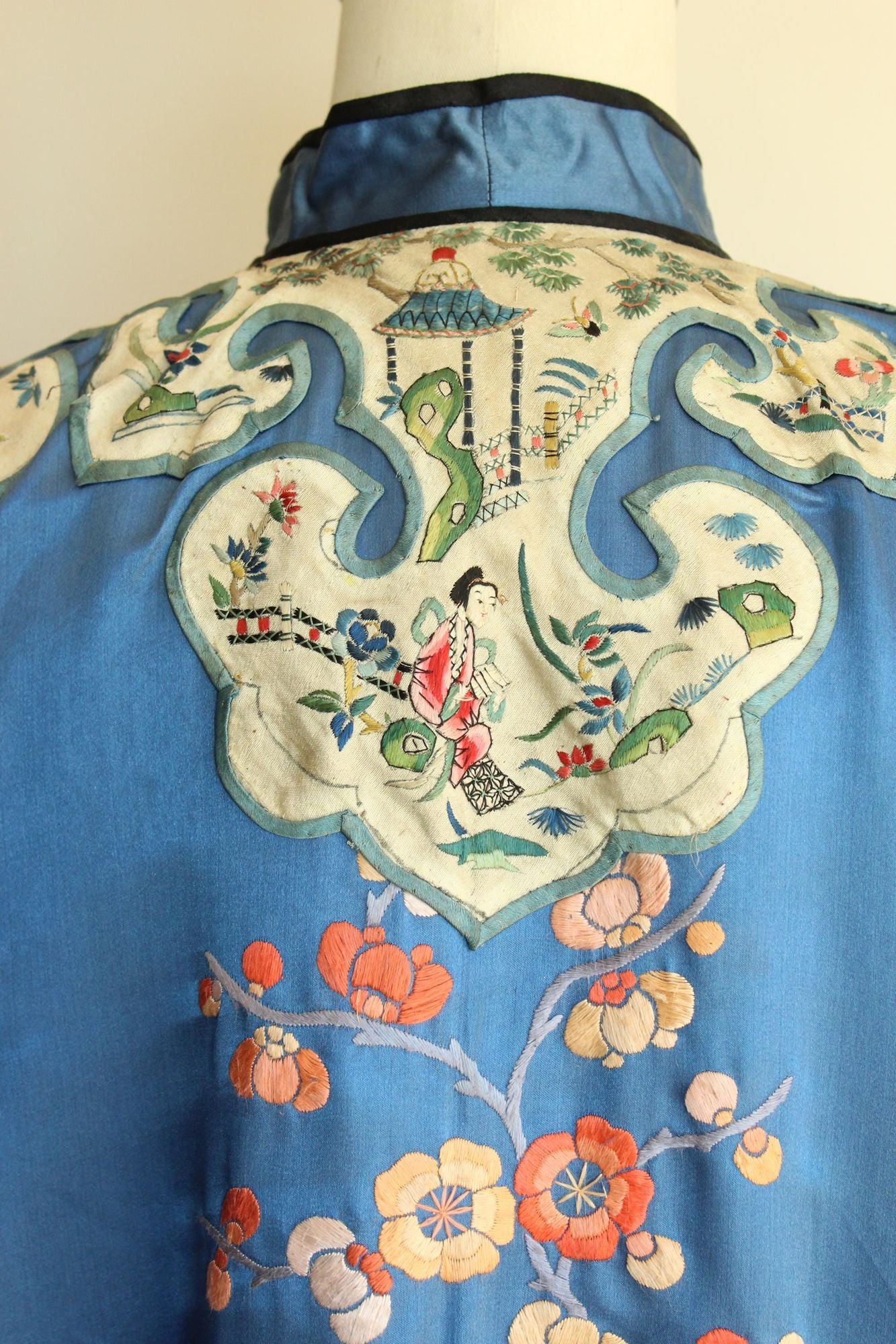 Vintage 1920s Antique Blue Silk Chinese Robe  Embroidered Peony Blossoms, Pagodas, Butterflies, Cranes