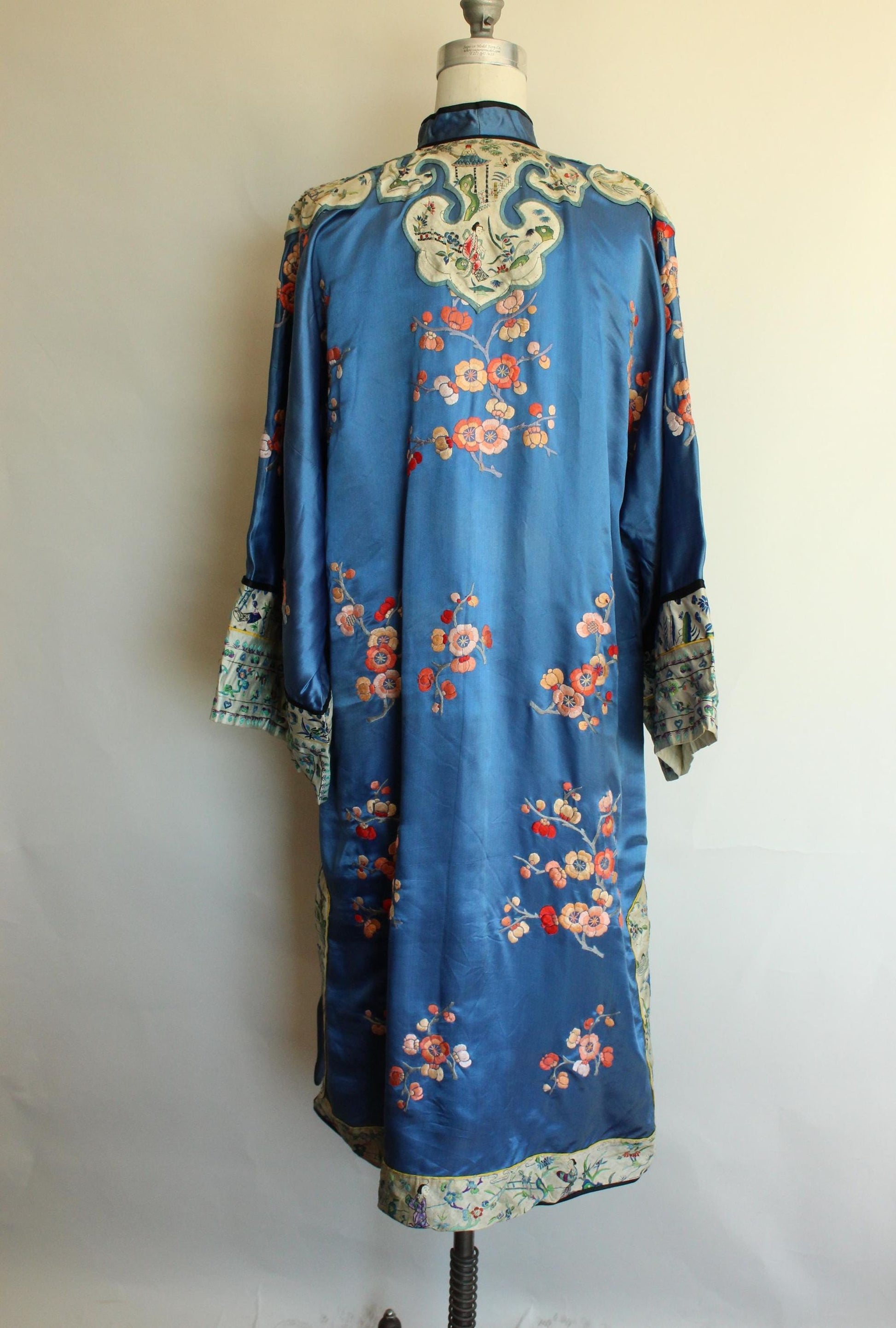 Vintage 1920s Antique Blue Silk Chinese Robe  Embroidered Peony Blossoms, Pagodas, Butterflies, Cranes