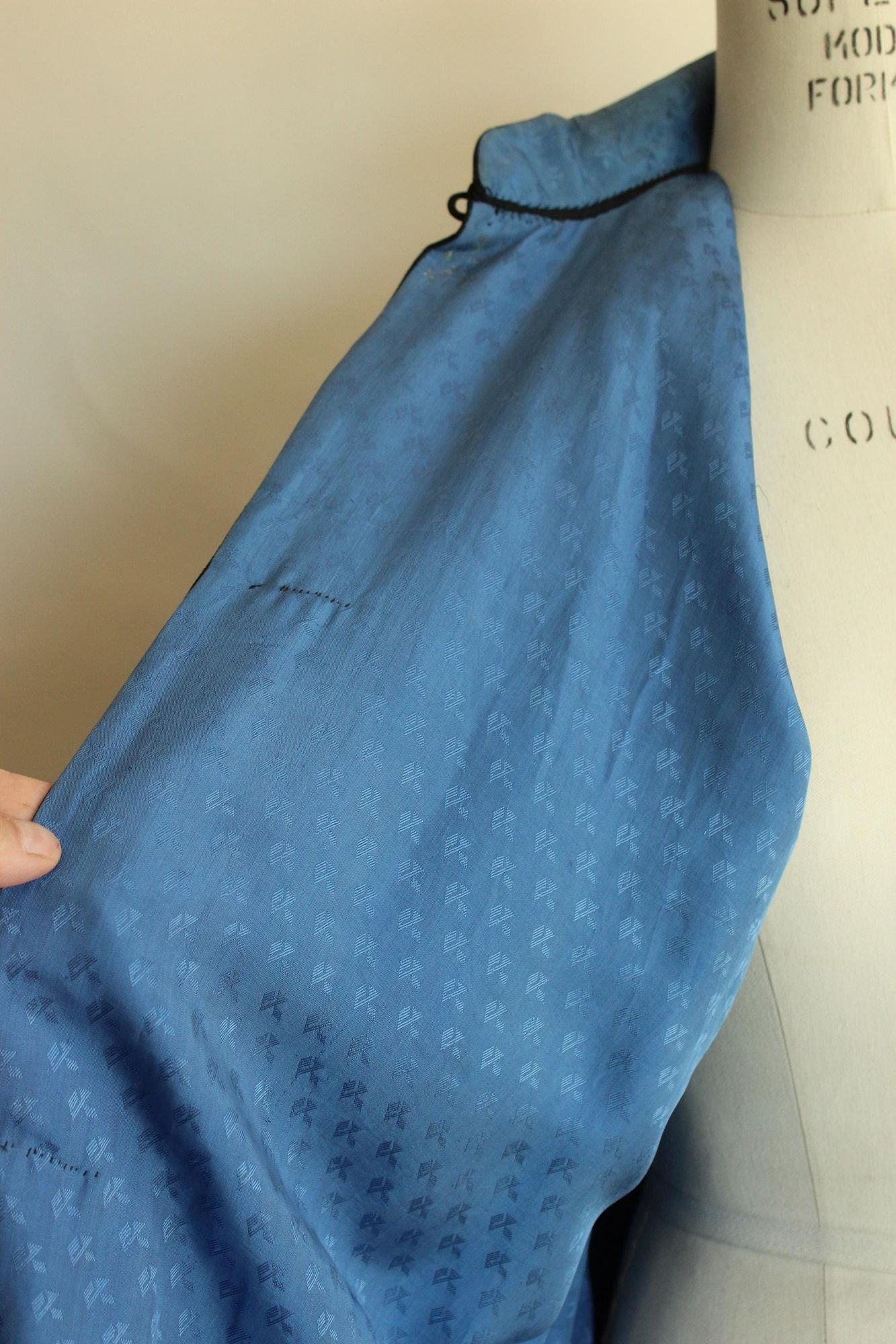 Vintage 1920s Antique Blue Silk Chinese Robe  Embroidered Peony Blossoms, Pagodas, Butterflies, Cranes