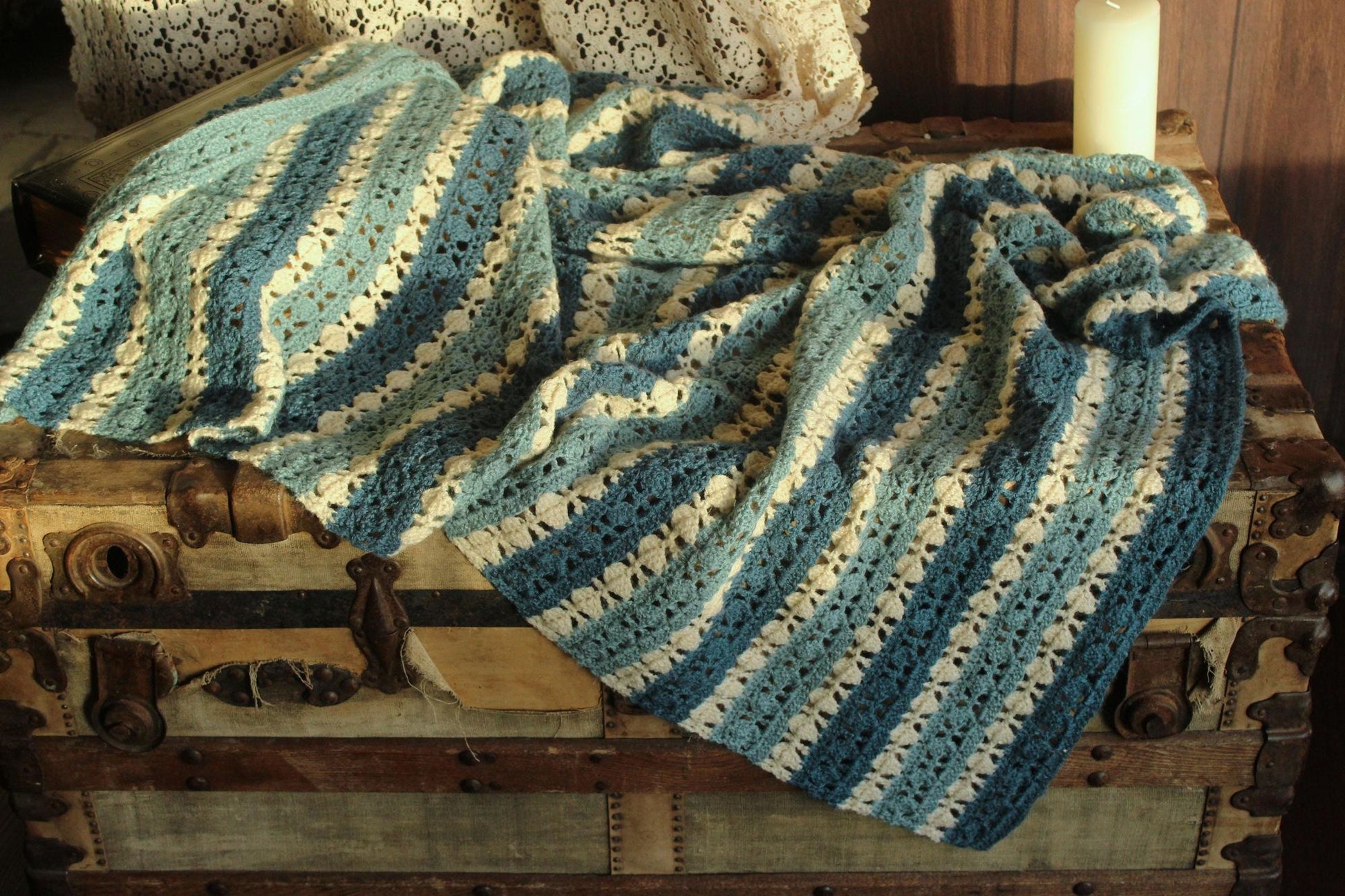 Vintage 1960s Blue and White Striped Crochet Afghan