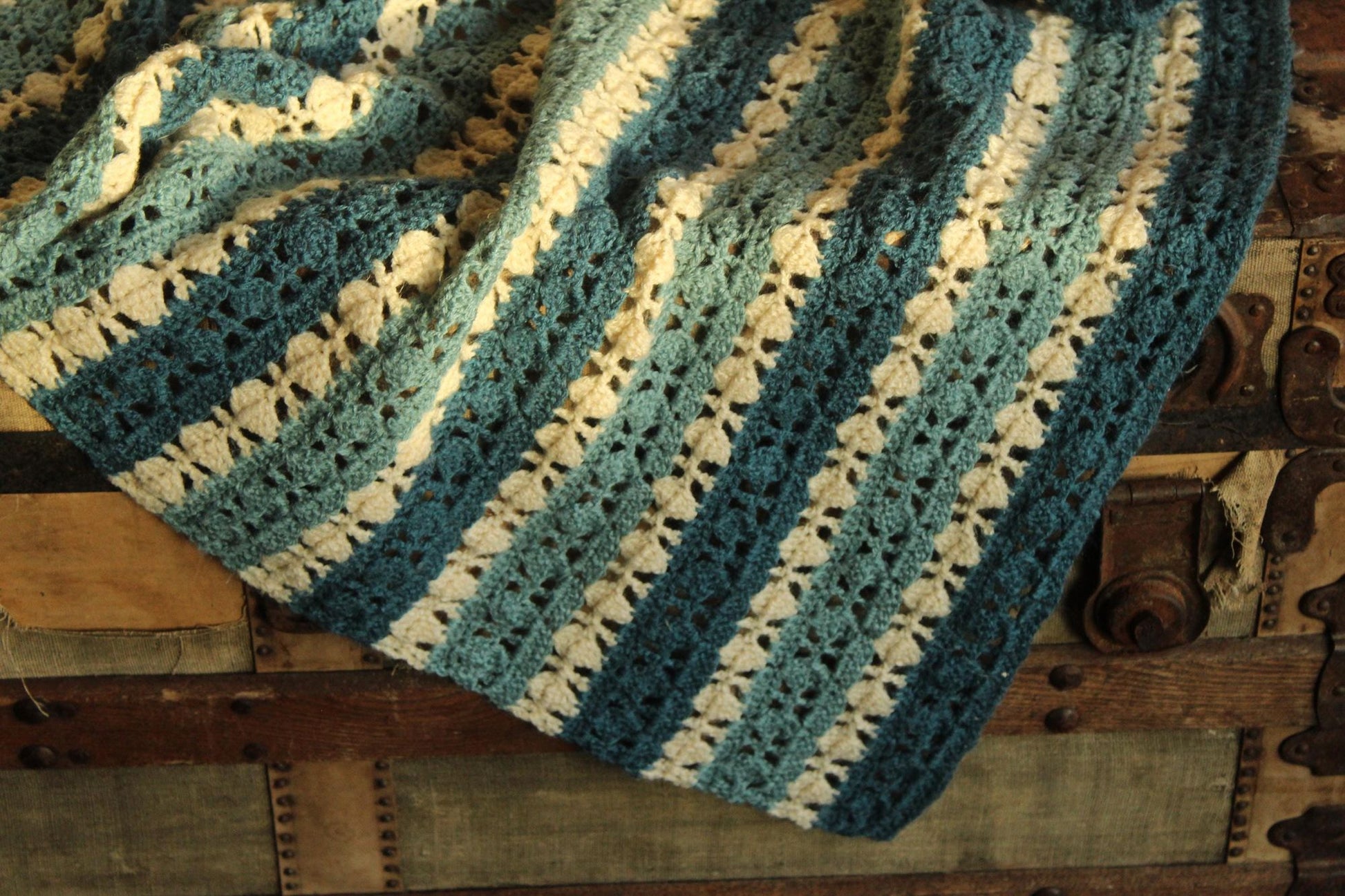 Vintage 1960s Blue and White Striped Crochet Afghan