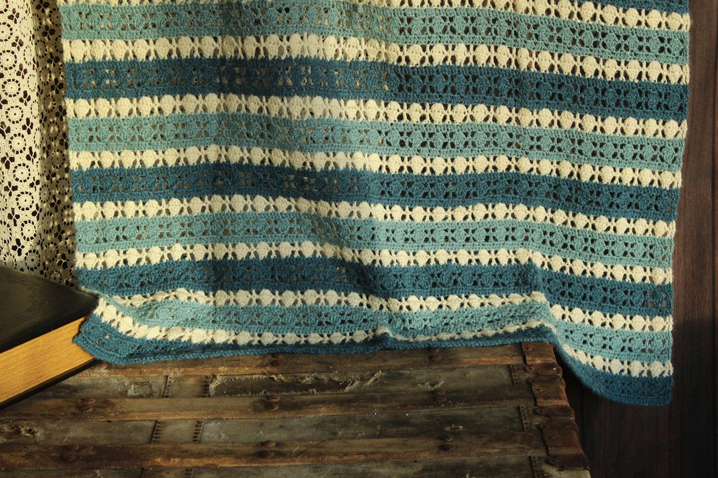 Vintage 1960s Blue and White Striped Crochet Afghan