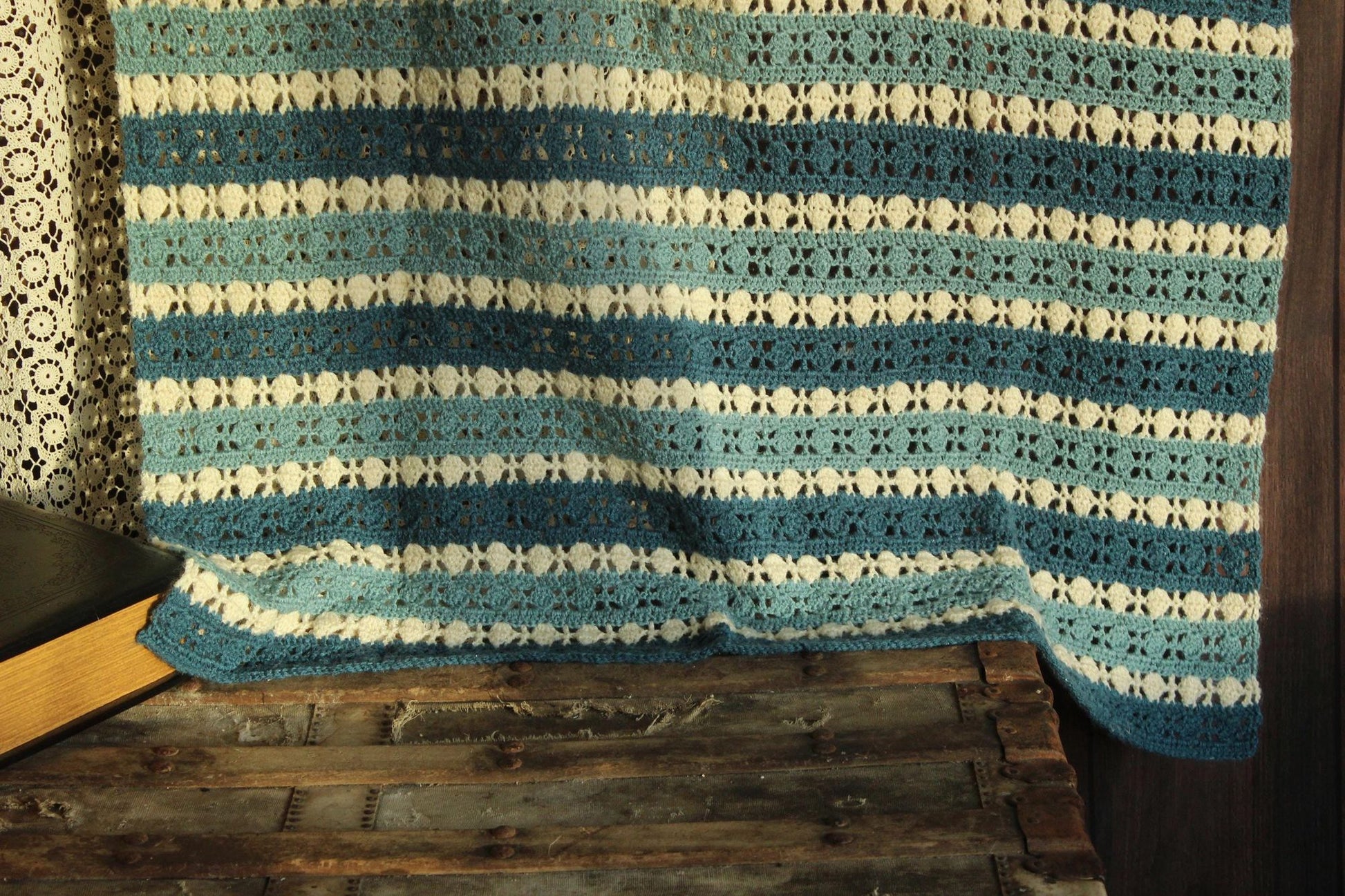 Vintage 1960s Blue and White Striped Crochet Afghan