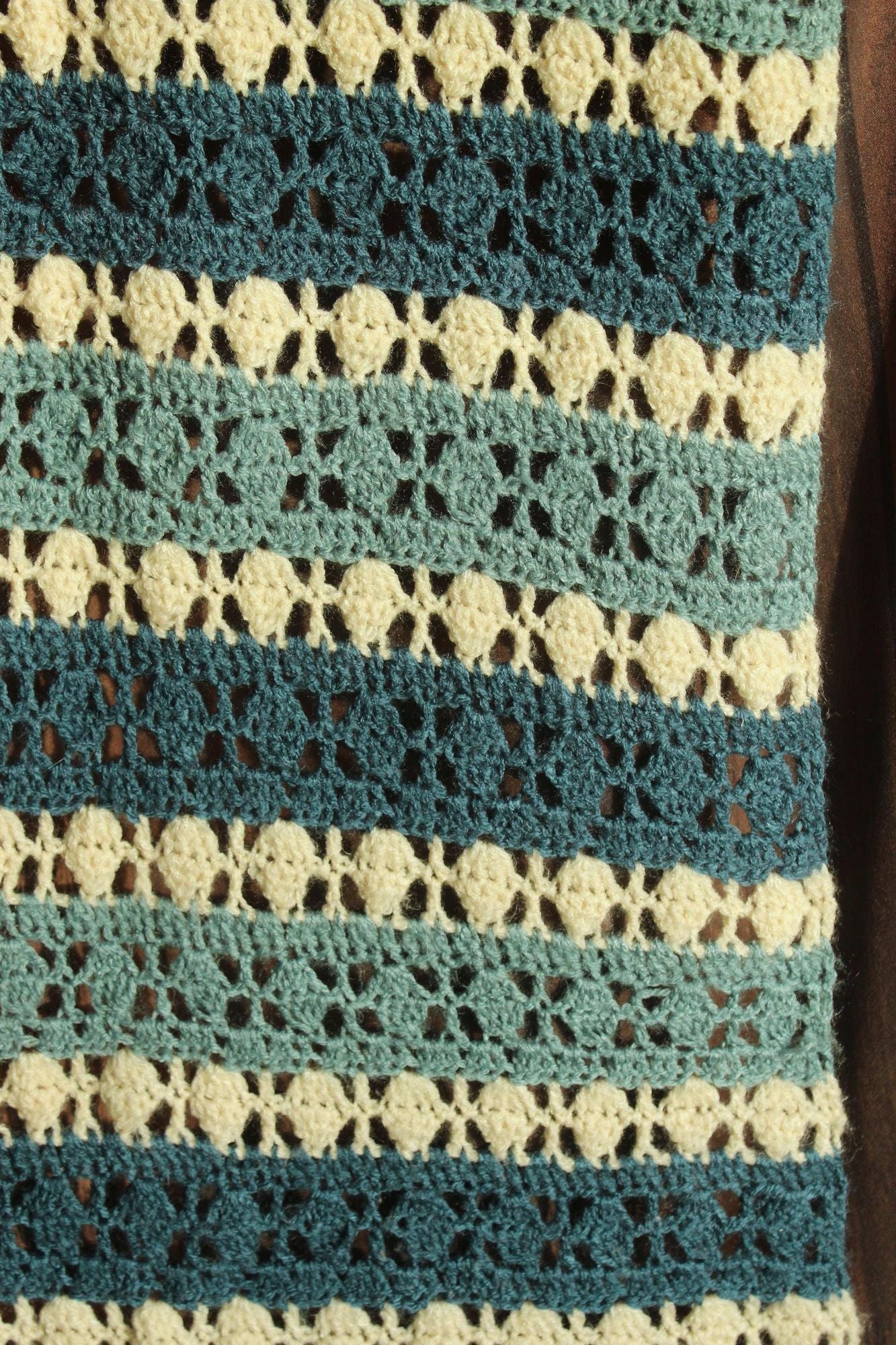 Vintage 1960s Blue and White Striped Crochet Afghan