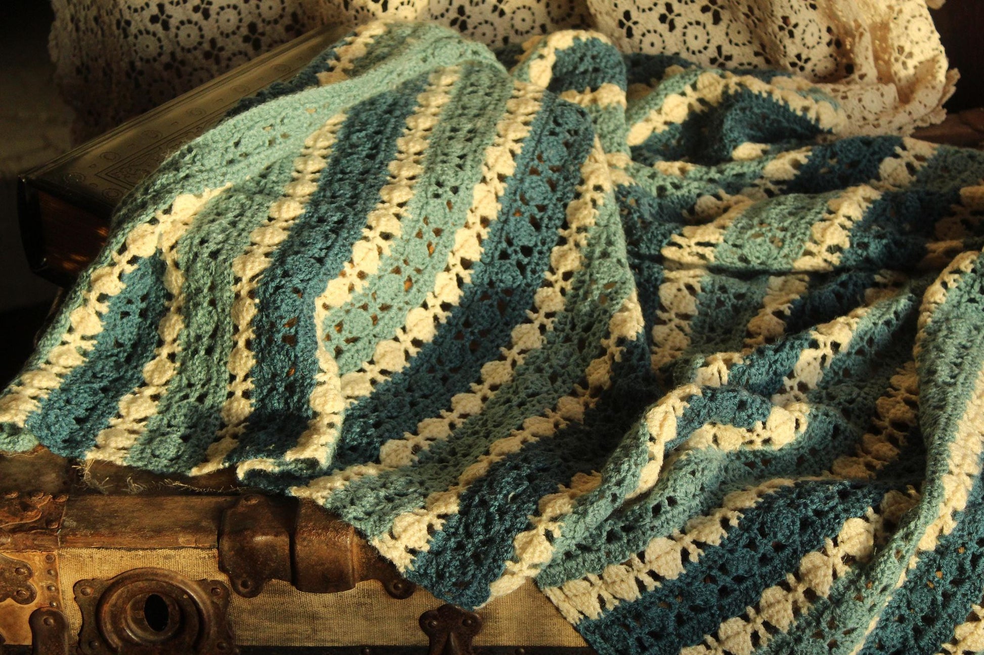 Vintage 1960s Blue and White Striped Crochet Afghan